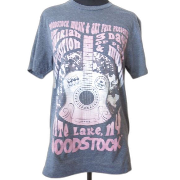 Hybrid Apparel Tops - Women's Woodstock 1969 Music Festival Graphic T Retro Gray/Pink S S EUC